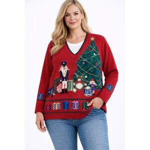 Vintage 90s Christmas Tree Ugly Cute Sweater Red V neck August Max Woman XL